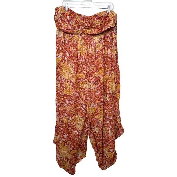 Anthropologoie Jumpsuit Women 1X Orange Harem Tropical Floral Birds Beach Cruise - Picture 1 of 6
